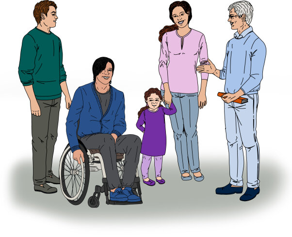 Ein Gruppe Menschen ist versammelt. Unter Ihnen ist ein Mann im Rollstuhl zu sehen und ein kleines Kind an der Hand einer Frau.