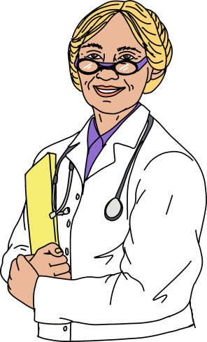 Eine Ärztin schaut freundlich zu uns und umklammert mit beiden Händen Akten. Um den Hals trägt sie ein Stethoskop.  