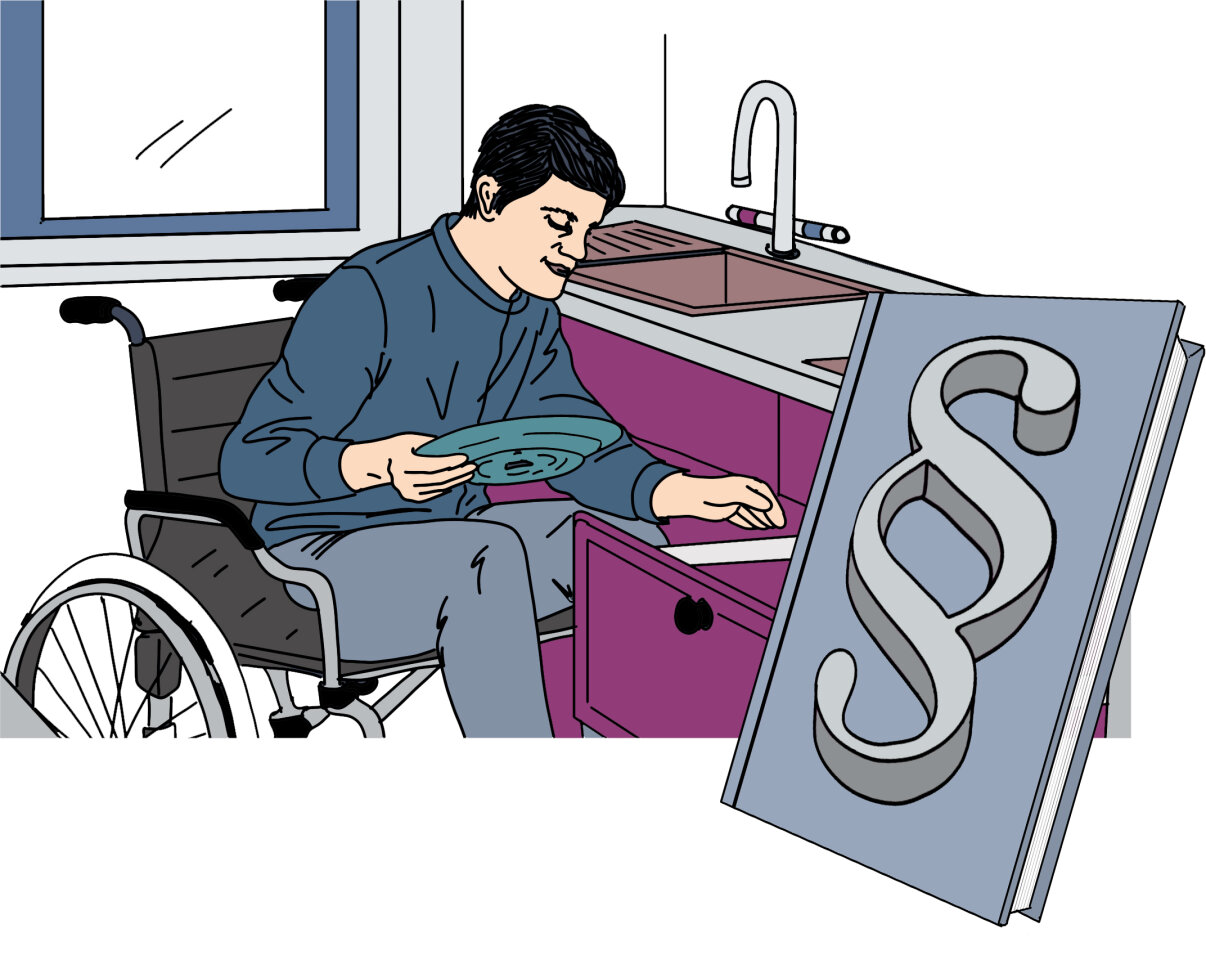 Ein Mann im Rollstuhl in der Küche beim Einräumen eines Tellers. Im Bild ebenfalls zu sehen ist ein dickes Gesetzbuch.