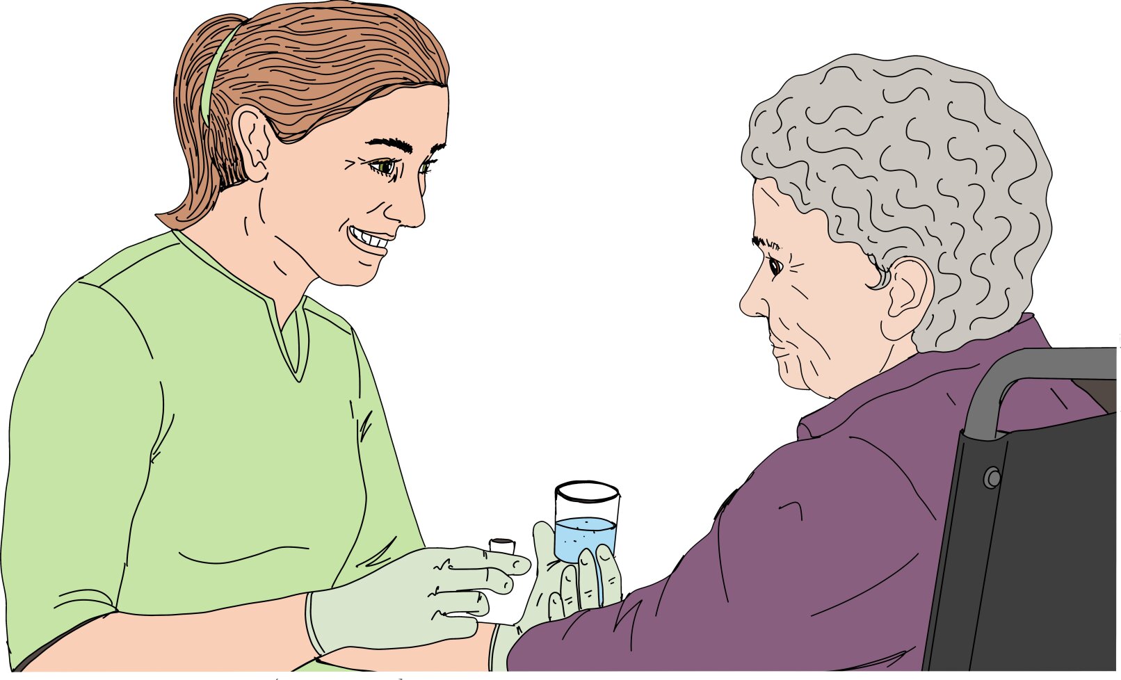 Eine jüngere Frau mit Latexhandschuhen überreicht einer älteren im Rollstuhl sitzenden Frau ein Medikament mit einem Glas Wasser.