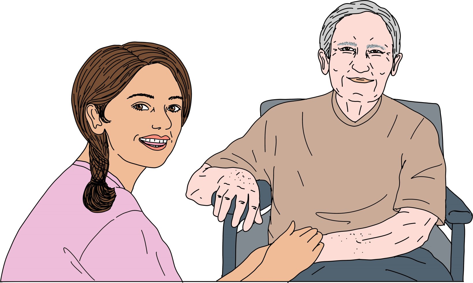 Eine jüngere Frau kniet vor einer älteren Person im Rollstuhl und hält mit beiden Händen die Hand der älteren Person fest. Beide schauen freundlich nach vorne. 