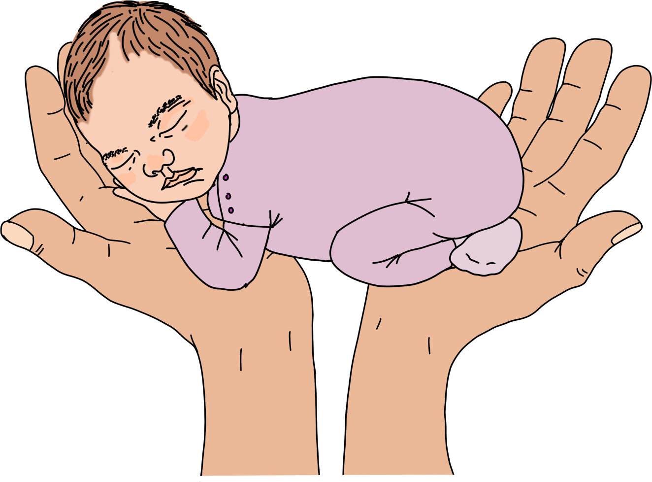 Eine Person hält ein schlafendes Baby in den Händen. 